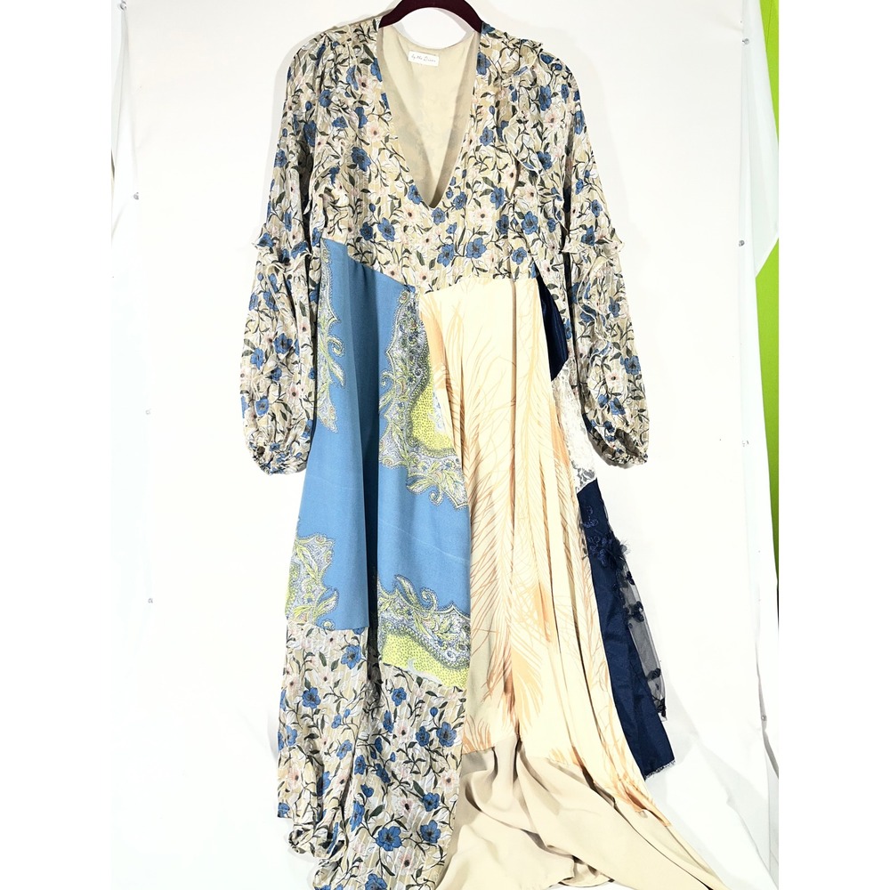 By The River Patchwork Floral Lace Maxi Dress Women M Blue Cream Boho Hippie Art